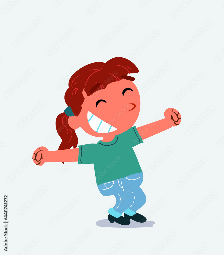 Euphoric little girl on jeans in funny cartoon character.