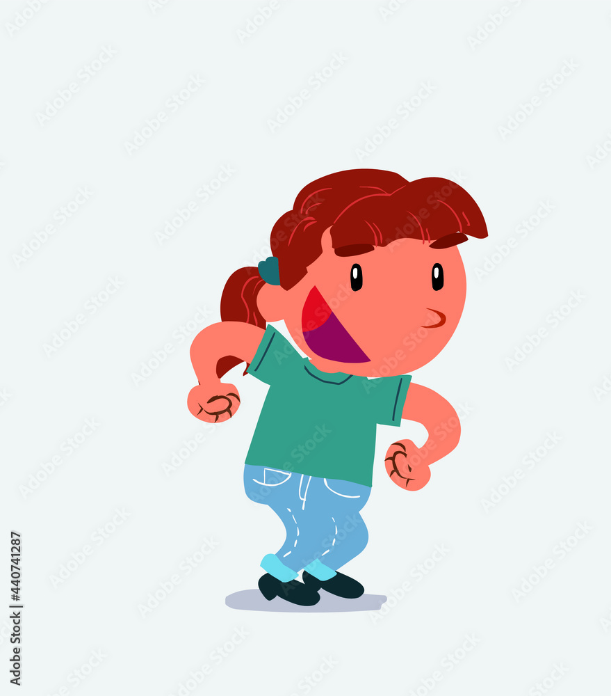 Euphoric cartoon character of little girl on jeans makes plans Euphoric cartoon character of little girl on jeans makes plans