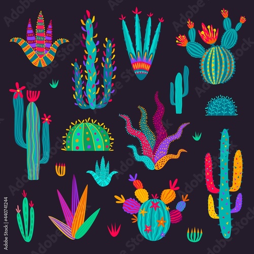 Cartoon mexican cactus, vector cacti in colorful doodle style isolated on background. Desert cactus plants with spikes and flowers, tropical flora elements for mexican greeting cards