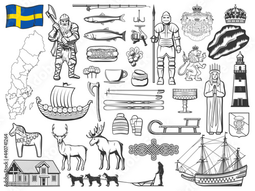 Sweden history, nature and culture symbols vector icons. Sweden flag, Vasa coat of arms and ship, royal crown, viking with ax and drakkar, Saint Lucia, lighthouse and northern lights, fishing tackle