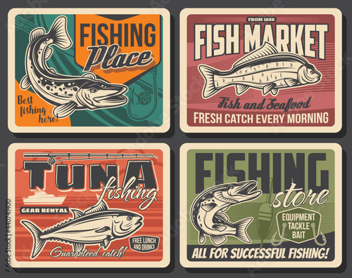 Fishing sport retro posters with vector fish, fisherman tackle and fishing boat. Ocean tuna, fishing rod, hook, spinning reel and lure line, bait, float, river pike and carp, outdoor hobby and fishery