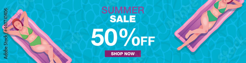 Paper Style. Summer Sale Banner template design with women on inflatable mattress and ring on the sea illustration for digital marketing promotion.