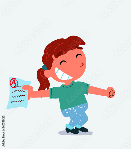  happy cartoon character of little girl on jeans rejoices with exam in hand