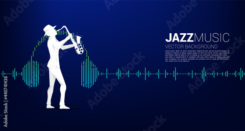 Vector silhouette of man and saxophone standing with headphone Music Equalizer background. Concept background for classic music concert and recreation.
