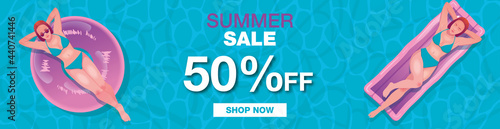 Paper Style. Summer Sale Banner template design with women on inflatable mattress illustration for digital marketing promotion.