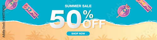 Paper Style. Summer Sale Banner template design with women on inflatable mattress and ring on the sea illustration for digital marketing promotion.