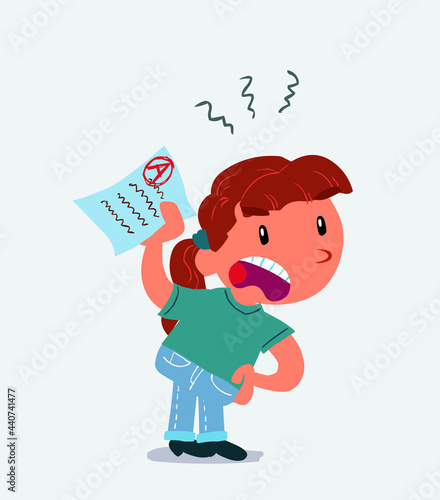 little girl on jeans waving a exam angrily