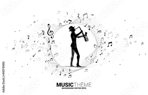 Vector music melody note flow with man and saxophone. Concept background for jazz song and concert theme.