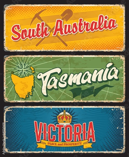 South Australia, Tasmania and Victoria states, Australian island and states vintage plates. Vector map of Tasmania island, crown, antique wind rose, mining industry spade and pickaxe grunge signs