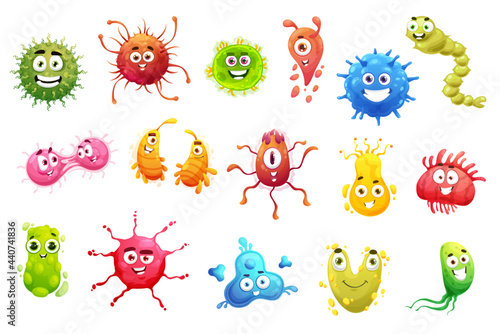 Cartoon virus and bacteria characters. Vector funny germs, bacteriums and cute pathogen monsters. Microbe cells with tongues, teeth and scary smiles, pathogen microorganism of coronavirus and flu