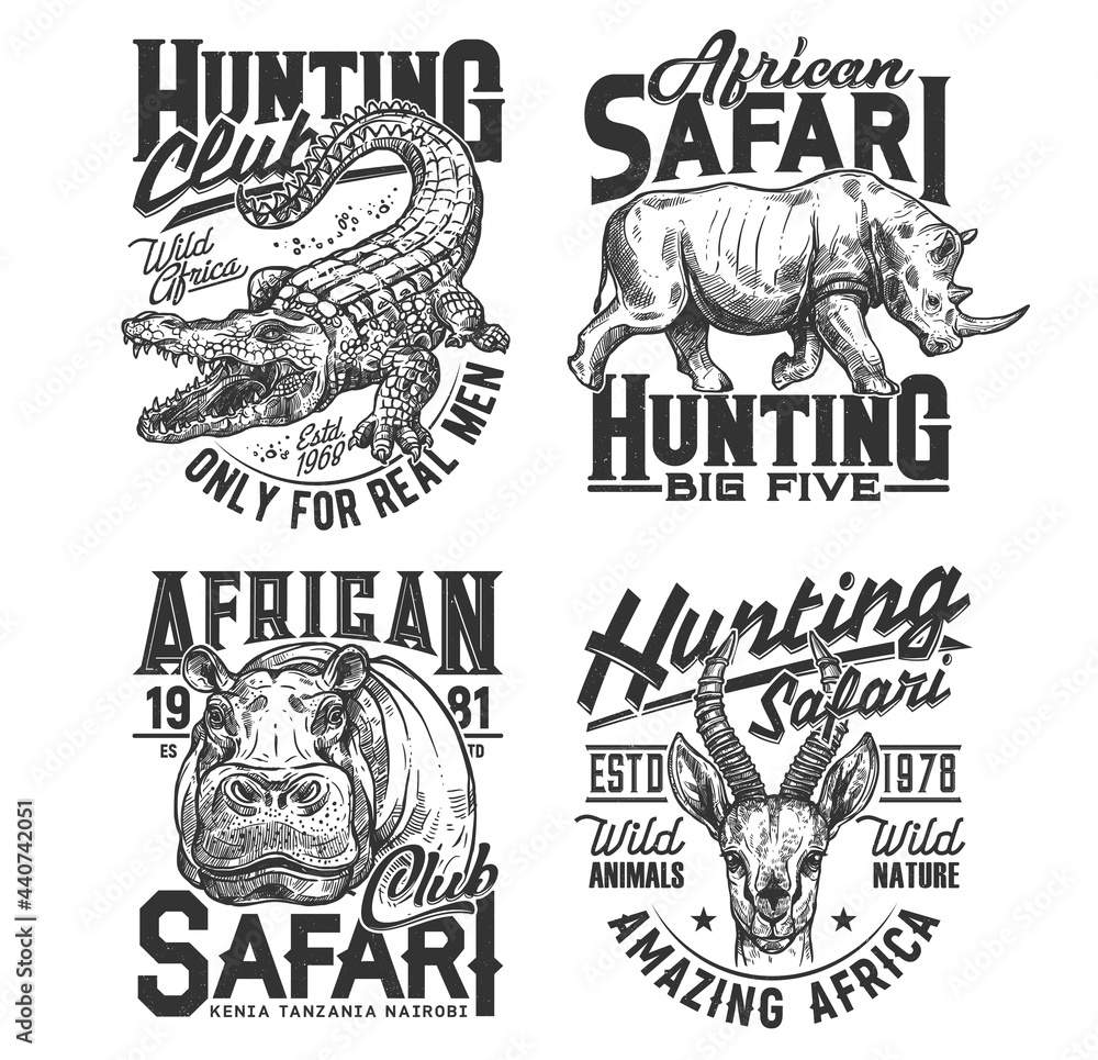 Fototapeta premium Safari hunting club t shirt prints, animals trophy, hunter sport vector icons. African safari hunt wild animal heads of crocodile, rhinoceros, hippopotamus and gazelle, savanna wild nature adventure