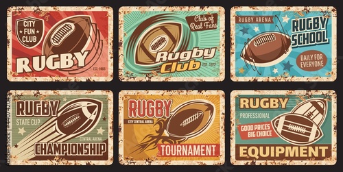 Rugby sport rusty metal plate, city tournament or championship, sport club tin plates. Flying and spinning rugby ball, retro typography and rust texture frame. Sport equipment shop, arena retro banner