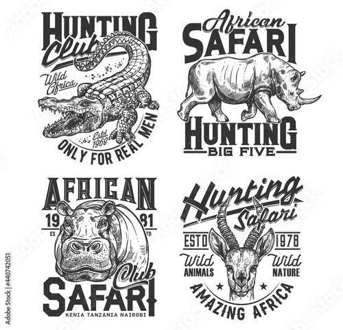 Safari hunting club t shirt prints, animals trophy, hunter sport vector icons. African safari hunt wild animal heads of crocodile, rhinoceros, hippopotamus and gazelle, savanna wild nature adventure