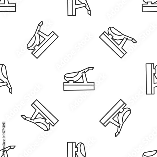 Grey line Spanish jamon on the wooden jamonera icon isolated seamless pattern on white background. Vector