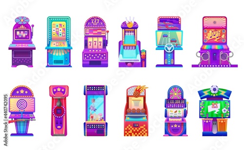 Cartoon slot and arcade gaming machines. Casino and kids entertainment center gambling machines, vector one arm bandit, bowling and basketball, racing, hunting and football game, claw crane with toys