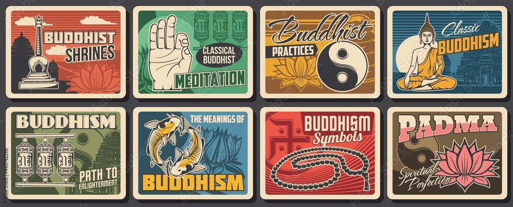 Fototapeta premium Buddhism religion and meditation symbols of vector lotus flower, Buddha God statue and Buddhist temple. Retro cards with Buddhist monk stupa, prayer wheels and yin yang, fish and mala prayer beads