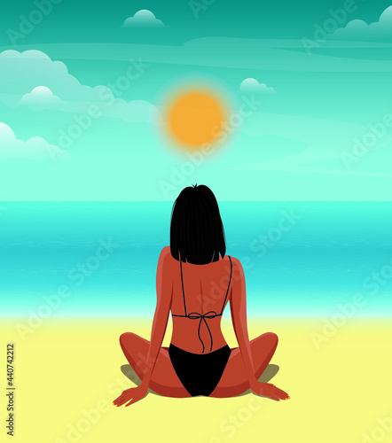 Digital illustration of a happy girl swimming and sunbathing sitting on the beach and enjoying summer vacation