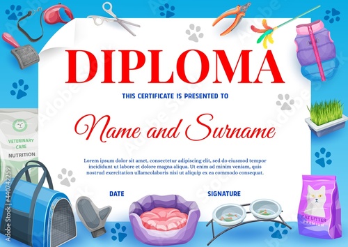 Cat or kitten pet animal care diploma with vector background frame of cartoon pet supplies. Certificate or diploma of graduation, achievement or appreciation award template with cat food, bowls, toys