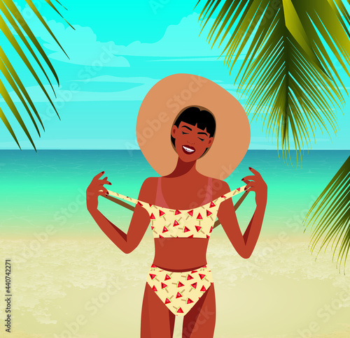 Digital illustration of a happy girl smiling with happiness in the summer resting in the sinking sunbathing on the beach and swimming in the ocean