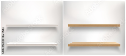 Vector collection of empty shelves. Vector mockup with white and brown wooden shelves. Light and brick wall 