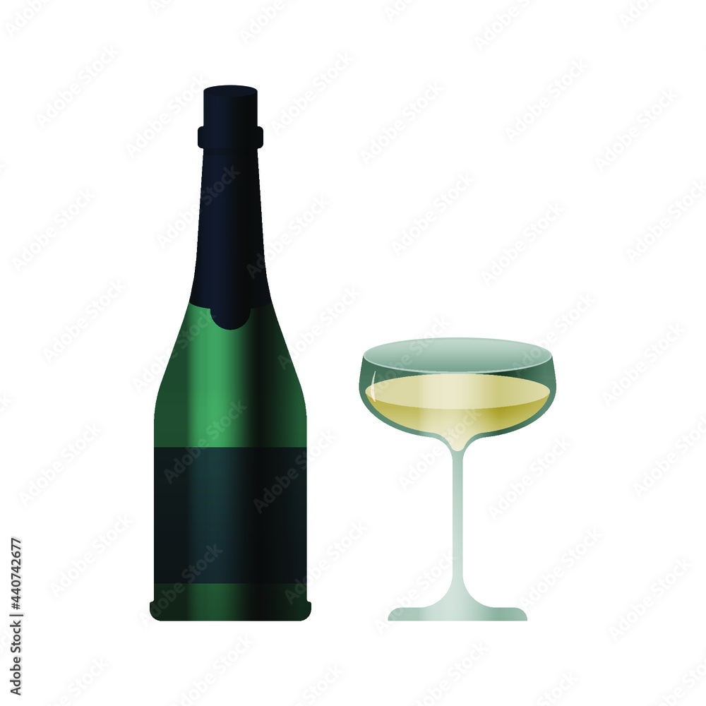 Green Bottle with Dark Label and Glass with Liquid on White Background. Modern Vector Illustration. Social Media Ads.