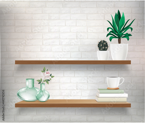 Vector wooden shelves with plants and glass retro vase. Vector mockup for interior with shelves and light wall.