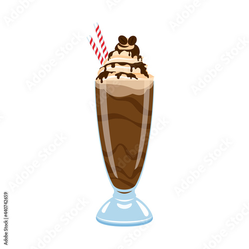 Chocolate milkshake with cocoa topping and whipped cream vector. Ice coffee drink with chocolate icing vector. Glass of milkshake icon isolated on a white background
