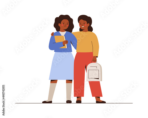 Smiling girls back to school or college. African American female classmates or friends with backpack and book standing together. Vector illustration