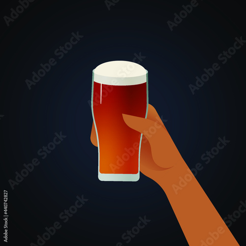 Hand Hold Glass of Beer on Dark Background. Modern Vector Illustration. Social Media Ads.