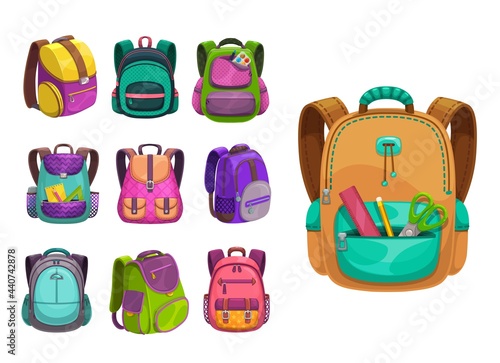 Cartoon vector schoolbags icons, kids school bags of bright colors, knapsacks and rucksacks design . Student baby backpacks with slings, clasp and stationery in zip pocket isolated on white background