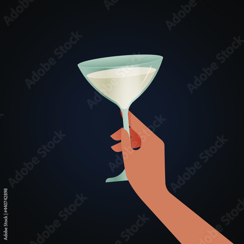 Hand Hold Glass of Drink on Dark Background. Modern Vector Illustration. Social Media Ads.