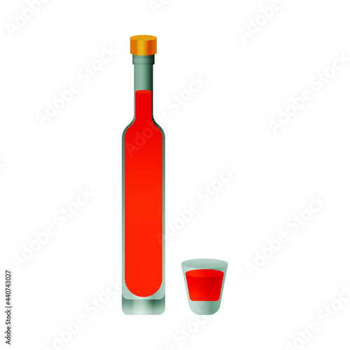 Bottle and Glass with Red Liquid on White Background. Modern Vector Illustration. Social Media Ads.