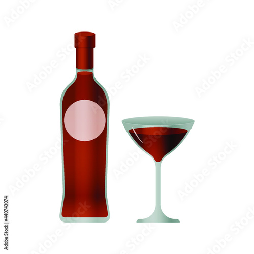 Bottle with Light Label and Glass with Liquid on White Background. Modern Vector Illustration. Social Media Ads.