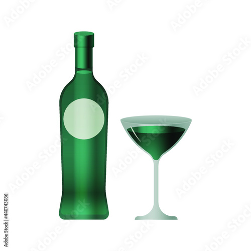 Bottle with Light Label and Glass with Liquid on White Background. Modern Vector Illustration. Social Media Ads.