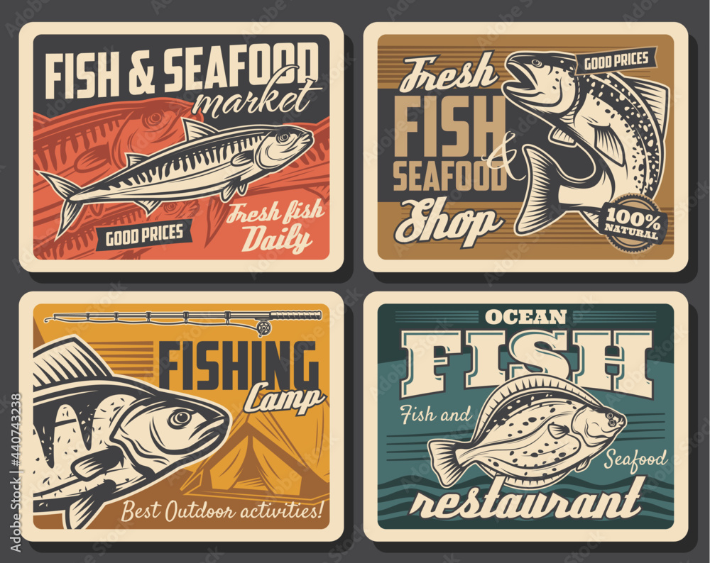 Fish and seafood, fishing sport vector design. Salmon, tuna and flounder, bass and mackerel, fisherman catch retro posters with fishing rod, spinning reel, lure and bait, camp tent and water wave
