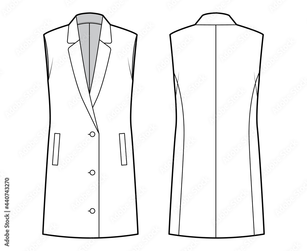 Sleeveless jacket lapelled vest waistcoat technical fashion illustration with buttonup closure