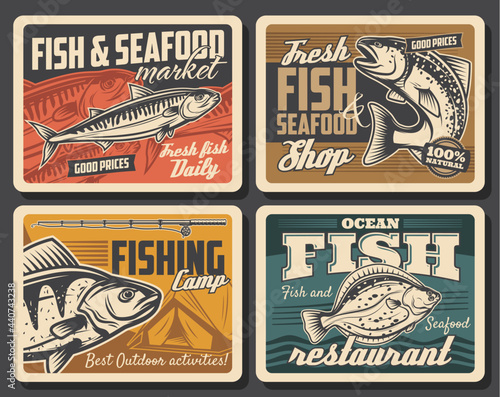 Fish and seafood, fishing sport vector design. Salmon, tuna and flounder, bass and mackerel, fisherman catch retro posters with fishing rod, spinning reel, lure and bait, camp tent and water wave