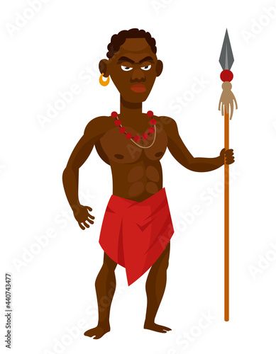 African tribal warrior holding spear. Male character in cartoon style.