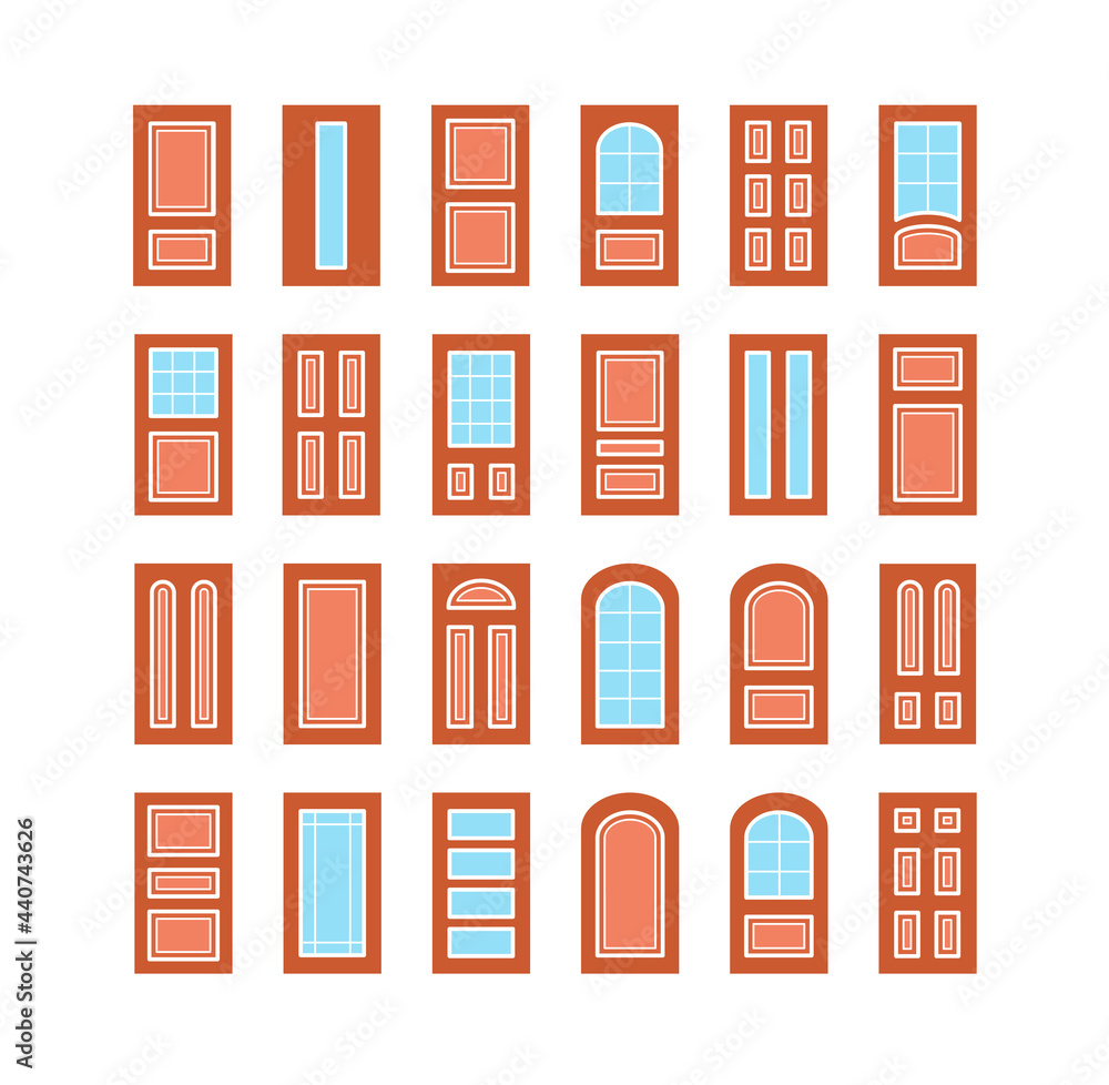 Entry wooden panel and glass doors. Interior and exterior architecture elements. Front and back doors. Flat icon collection