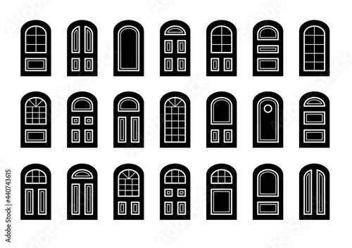 Entry wooden arch doors. Interior and exterior architecture elements. Front and back doors. Flat icon collection