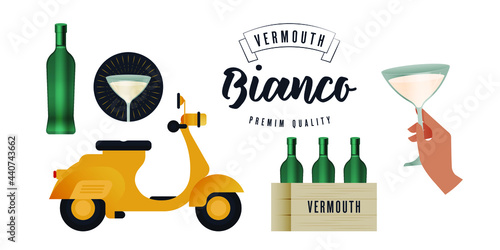 Vermouth Bianco Premium Quality. Lettering Composition with Decorative Elements. Box with Bottles. Badge. Hand Hold Glass of Liquid. Scooter. Modern Vector Illustration. Social Media Ads.