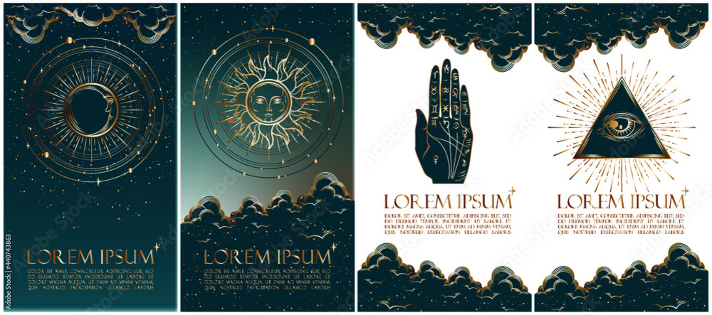 Collection of mysterious vector illustrations in gold colour for stories templates, mobile app, landing page, web design. Occult magic background for astrology, divination, tarot concept.  - obrazy, fototapety, plakaty 