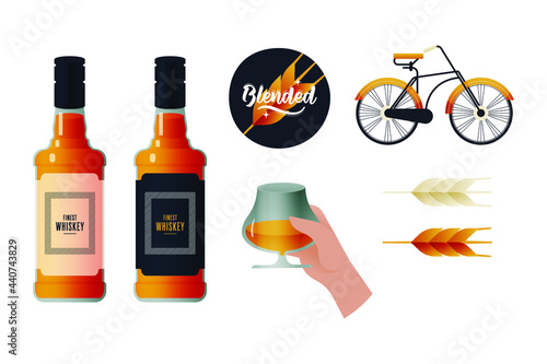 Kinds of Bottles with Labels. Blended Badge. Lettering Composition with Decorative Elements. Hand Hold Glass with Liquid. Vintage Bicycle. Malt. Modern Vector Illustration. Social Media Ads.