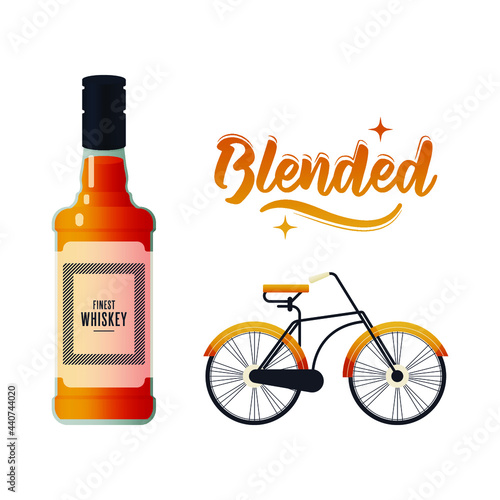 Bottle with Label. Finest Whiskey. Blended. Lettering Composition with Decorative Elements. Vintage Bicycle. Modern Vector Illustration. Social Media Ads.