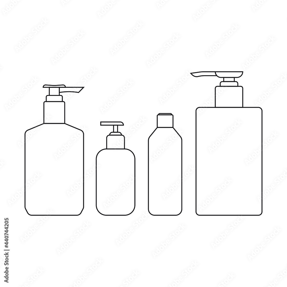 Collection of cosmetic plastic bottles isolated on white background. Icon. Stroke. Flat. Collection of cosmetic plastic bottles isolated on white background. Icon. Stroke. Flat.