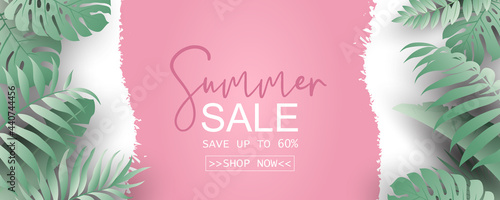 Elegant summer sale banner with tropical leaf theme