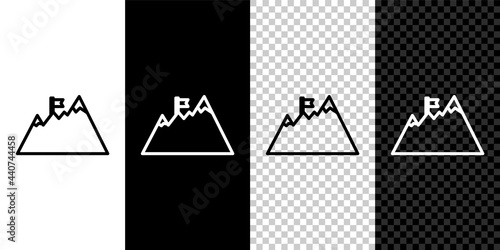 Set line Mountains with flag on top icon isolated on black and white background. Symbol of victory or success concept. Goal achievement. Vector