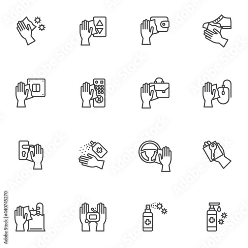 Disinfection and sterilization line icons set,