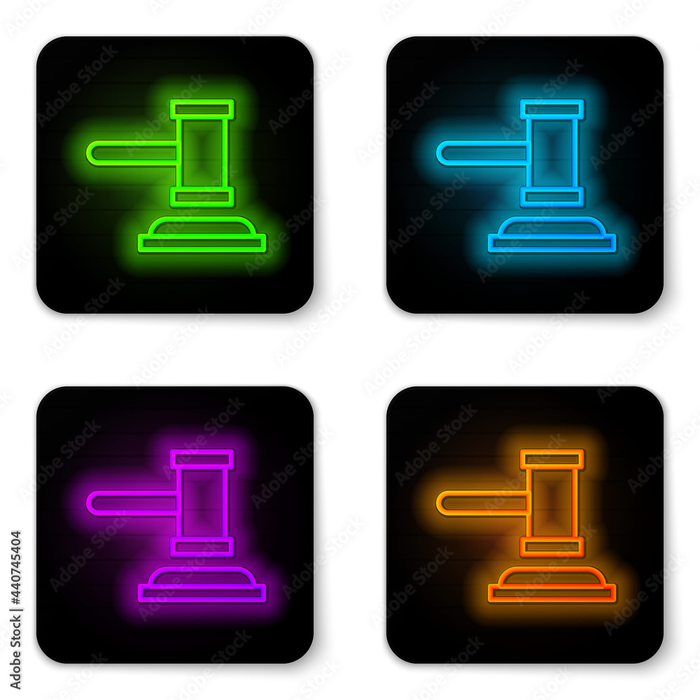 Glowing neon line Judge gavel icon isolated on white background. Gavel for adjudication of sentences and bills, court, justice. Auction hammer. Black square button. Vector Glowing neon line Judge gavel icon isolated on white background. Gavel for adjudication of sentences and bills, court, justice. Auction hammer. Black square button. Vector