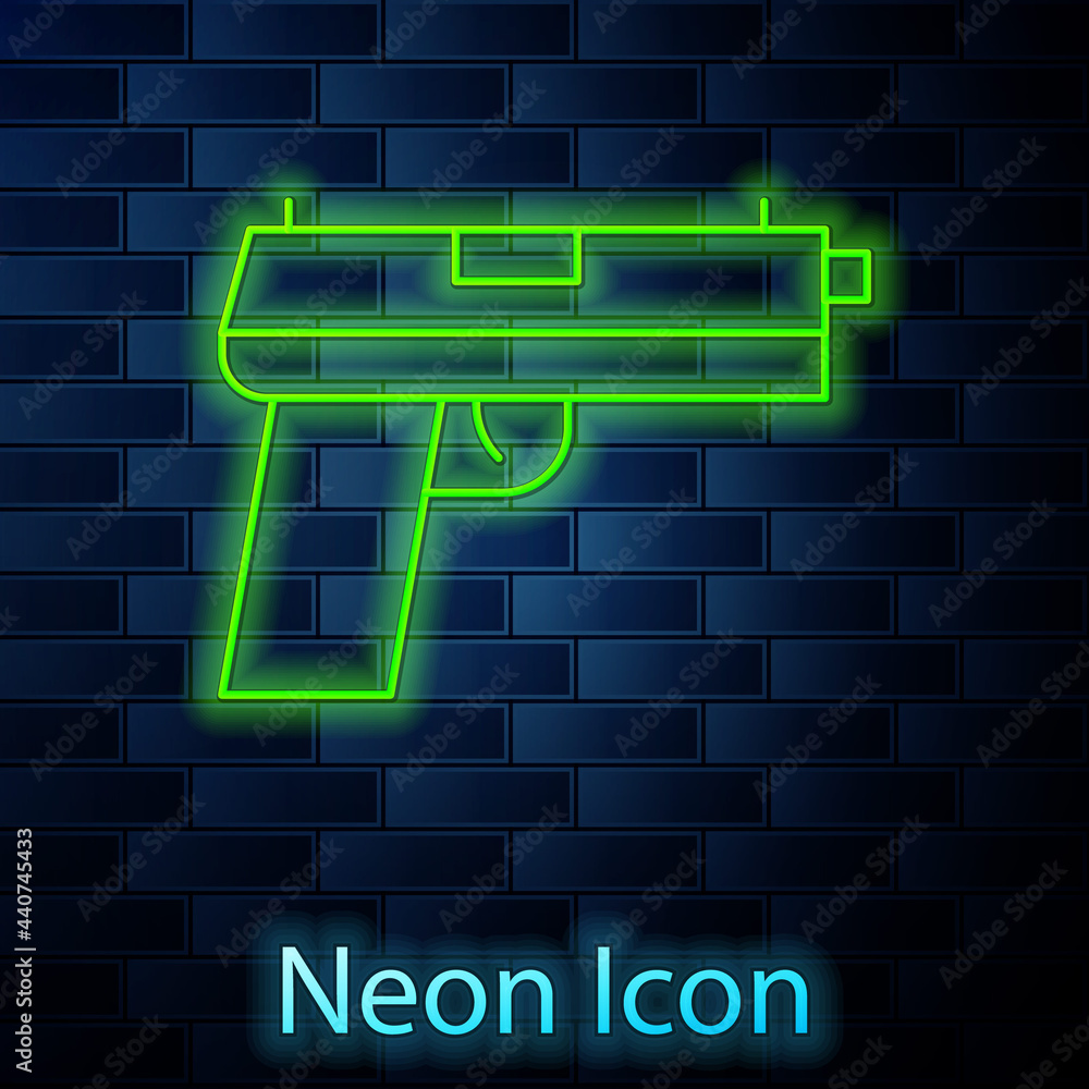 Glowing neon line Pistol or gun icon isolated on brick wall background. Police or military handgun. Small firearm. Vector Glowing neon line Pistol or gun icon isolated on brick wall background. Police or military handgun. Small firearm. Vector